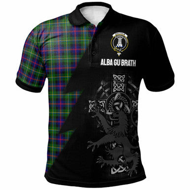 Scottish Malcolm (or MacCallum) Clan Crest Tartan Polo Shirt - Lion Rampant Celtic Cross Flash Style Front Side Tartan Plaid