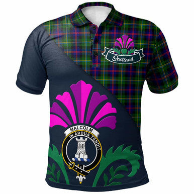 Scottish Malcolm (or MacCallum) Clan Crest Tartan Polo Shirt - Scotland Thistle Style Front Side Tartan Plaid