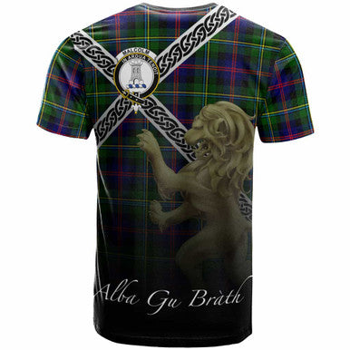 Scottish Malcolm (or MacCallum) Clan Crest Tartan T-Shirt - Celtic With Scotland Lion Back Side Tartan Plaid