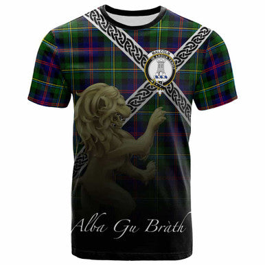 Scottish Malcolm (or MacCallum) Clan Crest Tartan T-Shirt - Celtic With Scotland Lion Front Side Tartan Plaid