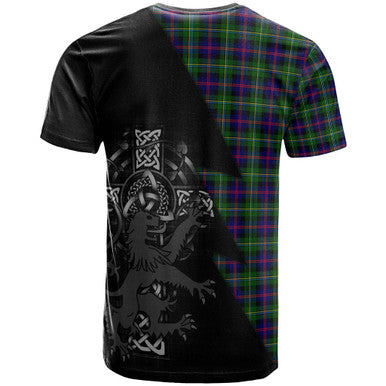 Scottish Malcolm (or MacCallum) Clan Crest Tartan T-Shirt - Lion Rampant Celtic Cross Flash Style Back Side Tartan Plaid
