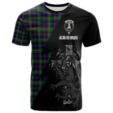Scottish Malcolm (or MacCallum) Clan Crest Tartan T-Shirt - Lion Rampant Celtic Cross Flash Style Front Side Tartan Plaid