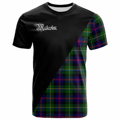 Scottish Malcolm (or MacCallum) Clan Crest Tartan T-Shirt - Military Logo Front Side Tartan Plaid