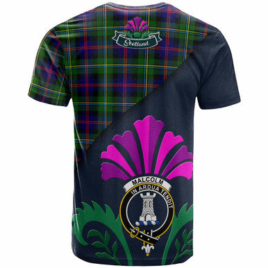 Scottish Malcolm (or MacCallum) Clan Crest Tartan T-Shirt - Scotland Thistle Style Back Side Tartan Plaid