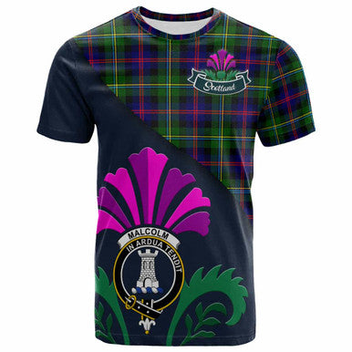 Scottish Malcolm (or MacCallum) Clan Crest Tartan T-Shirt - Scotland Thistle Style Front Side Tartan Plaid
