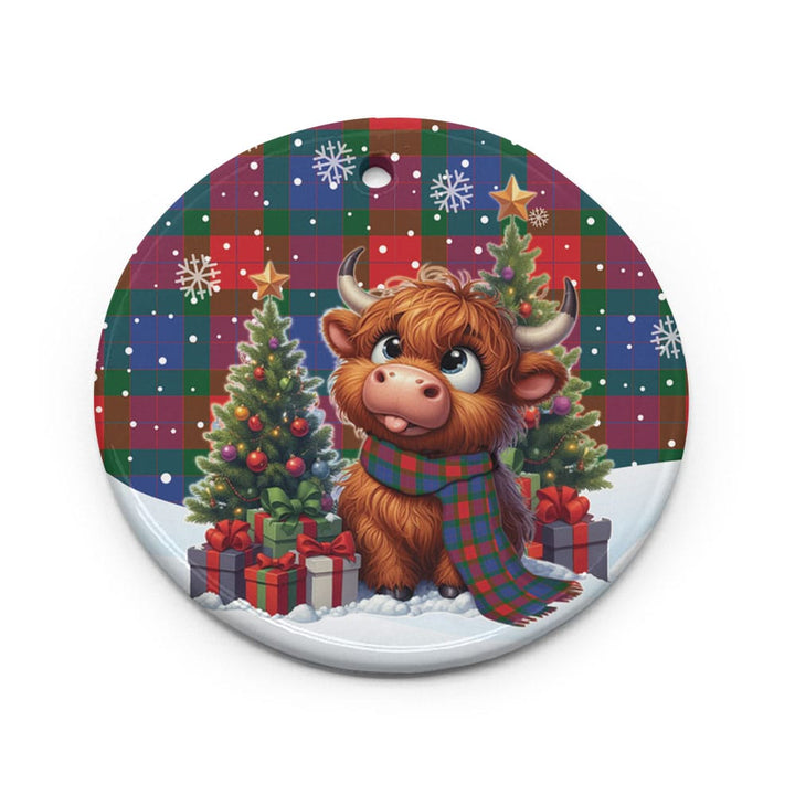 Scottish Mar Clan Tartan Ceramic Ornament Cute Highland Cow Christmas Circle Style Tartan Plaid