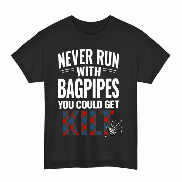 Scottish Mar Clan Tartan Never Run With Bagpipes T-Shirt Tartan Plaid Black Color