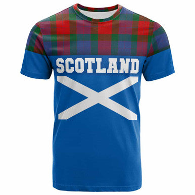 Scottish Mar Clan Tartan T-Shirt - Lion Rampant of Scotland With Flag Front Side Tartan Plaid
