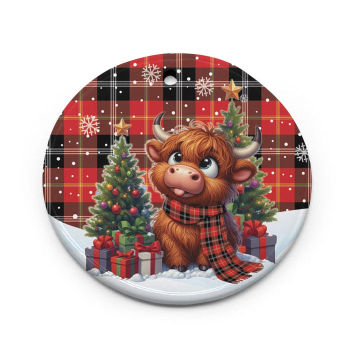Scottish Marjoribanks Clan Tartan Ceramic Ornament Cute Highland Cow Christmas Circle Style Tartan Plaid