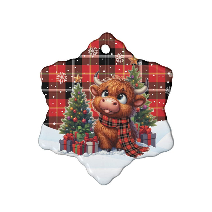 Scottish Marjoribanks Clan Tartan Ceramic Ornament Cute Highland Cow Christmas Snow Flake Style Tartan Plaid