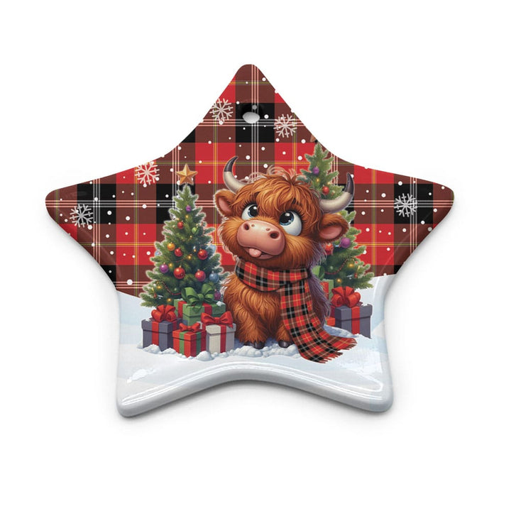 Scottish Marjoribanks Clan Tartan Ceramic Ornament Cute Highland Cow Christmas Star Style Tartan Plaid