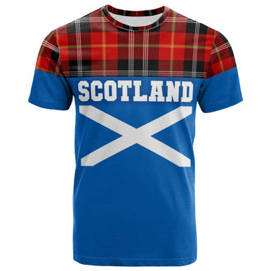 Scottish Marjoribanks Clan Tartan T-Shirt - Lion Rampant of Scotland With Flag Front Side Tartan Plaid