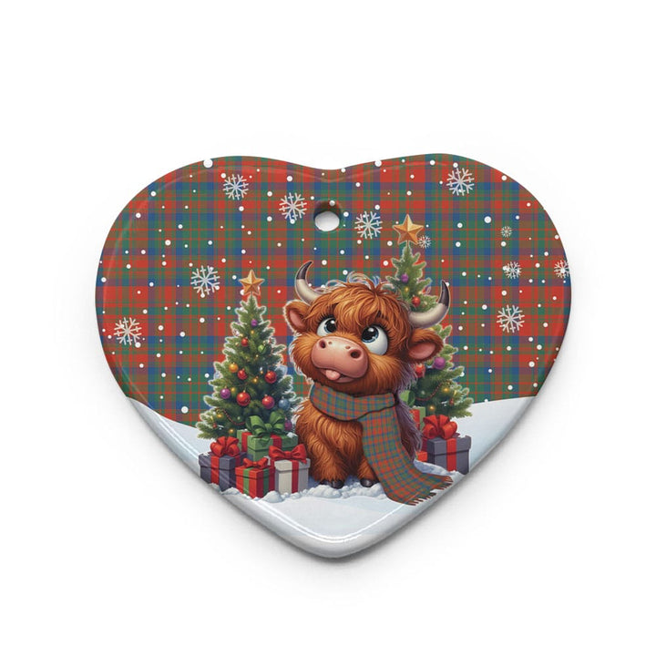 Scottish Matheson Ancient Clan Tartan Ceramic Ornament Cute Highland Cow Christmas Heart Style Tartan Plaid