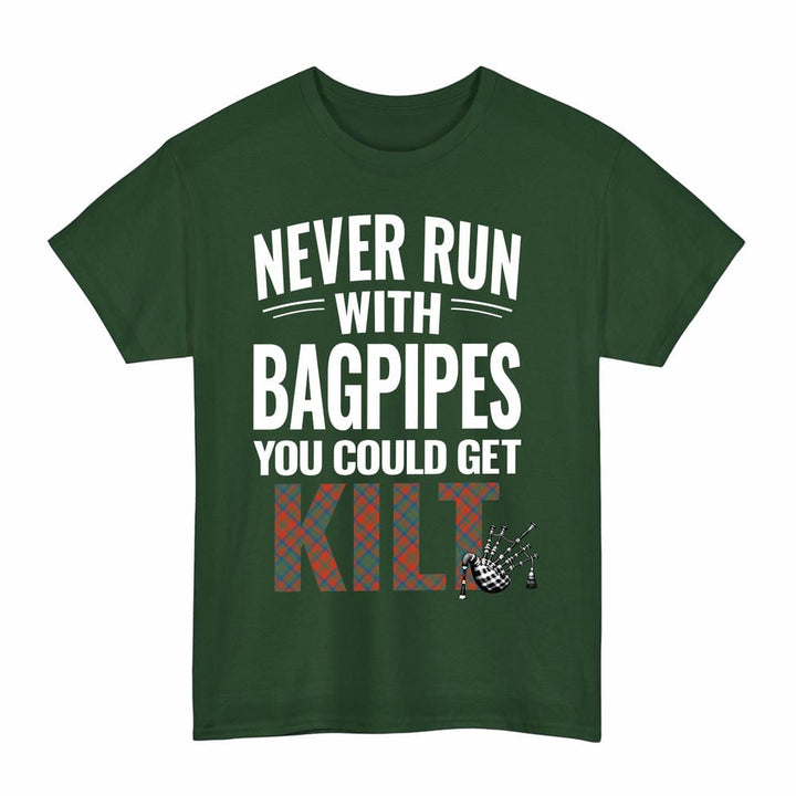 Scottish Matheson Ancient Clan Tartan Never Run With Bagpipes T-Shirt Tartan Plaid Forest Green Color