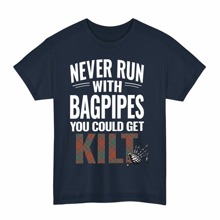 Scottish Matheson Ancient Clan Tartan Never Run With Bagpipes T-Shirt Tartan Plaid Navy Color