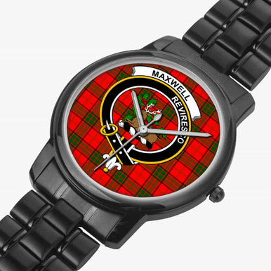 Scottish Maxwell Clan Crest Tartan Folding Clasp Steel Quartz Watches Tartan Plaid Black 2