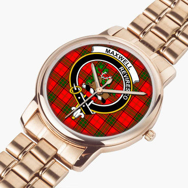 Scottish Maxwell Clan Crest Tartan Folding Clasp Steel Quartz Watches Tartan Plaid Rose Gold 2