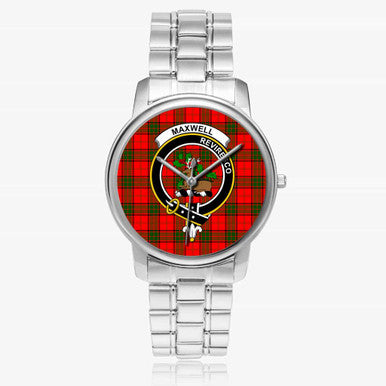 Scottish Maxwell Clan Crest Tartan Folding Clasp Steel Quartz Watches Tartan Plaid Silver 1