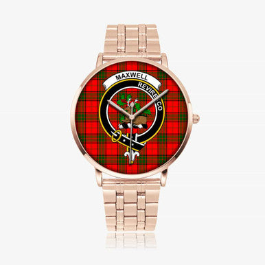 Scottish Maxwell Clan Crest Tartan Instafamous Steel Quartz Watches Tartan Plaid Rose Gold 1