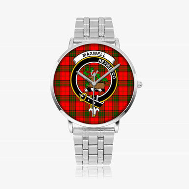 Scottish Maxwell Clan Crest Tartan Instafamous Steel Quartz Watches Tartan Plaid Silver 1