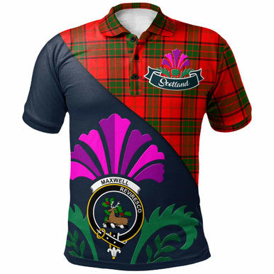 Scottish Maxwell Clan Crest Tartan Polo Shirt - Scotland Thistle Style Front Side Tartan Plaid