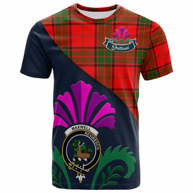 Scottish Maxwell Clan Crest Tartan T-Shirt - Scotland Thistle Style Front Side Tartan Plaid