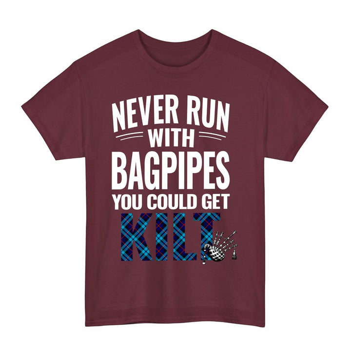 Scottish McCorquodale Clan Tartan Never Run With Bagpipes T-Shirt Tartan Plaid Maroon Color