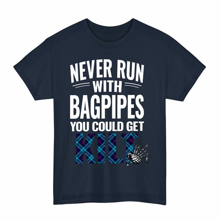 Scottish McCorquodale Clan Tartan Never Run With Bagpipes T-Shirt Tartan Plaid Navy Color