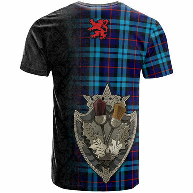 Scottish McCorquodale Clan Tartan T-Shirt - Half Thistle Flowers Celtic Design Back Side Tartan Plaid