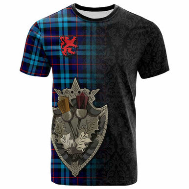 Scottish McCorquodale Clan Tartan T-Shirt - Half Thistle Flowers Celtic Design Front Side Tartan Plaid