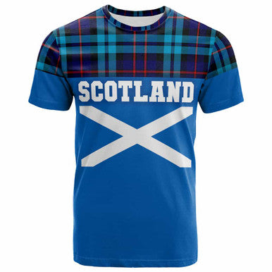 Scottish McCorquodale Clan Tartan T-Shirt - Lion Rampant of Scotland With Flag Front Side Tartan Plaid