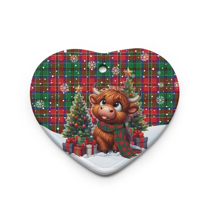 Scottish McCulloch Clan Tartan Ceramic Ornament Cute Highland Cow Christmas Heart Style Tartan Plaid