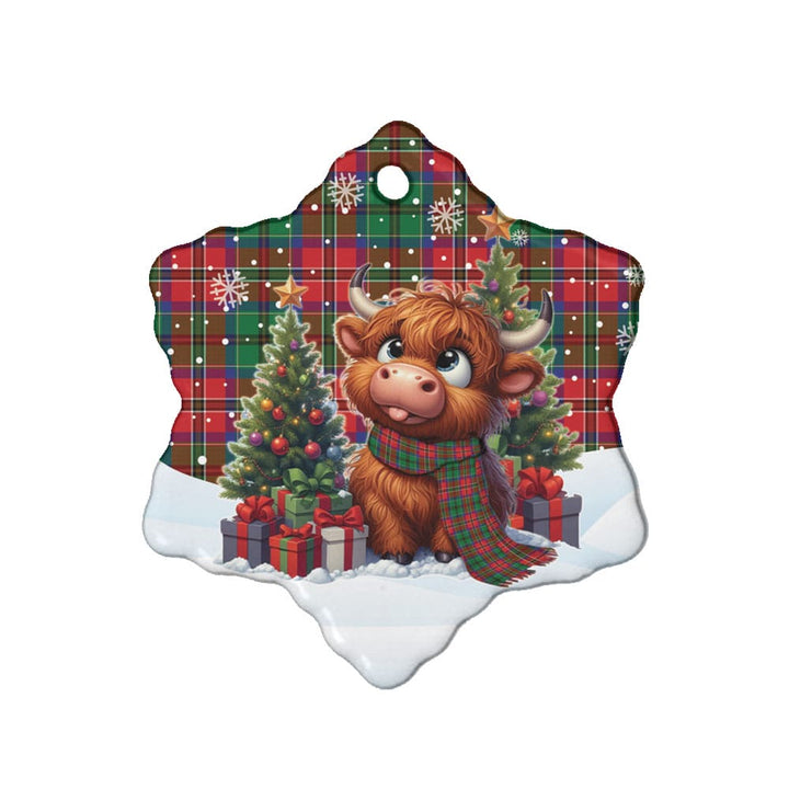 Scottish McCulloch Clan Tartan Ceramic Ornament Cute Highland Cow Christmas Snow Flake Style Tartan Plaid