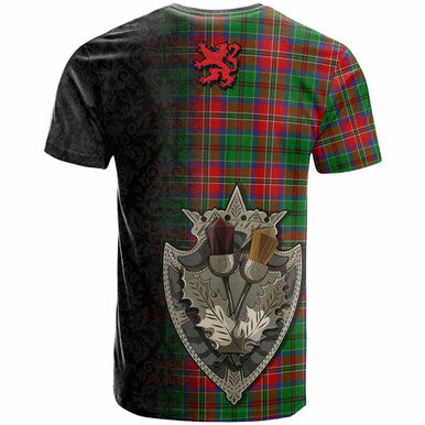 Scottish McCulloch Clan Tartan T-Shirt - Half Thistle Flowers Celtic Design Back Side Tartan Plaid