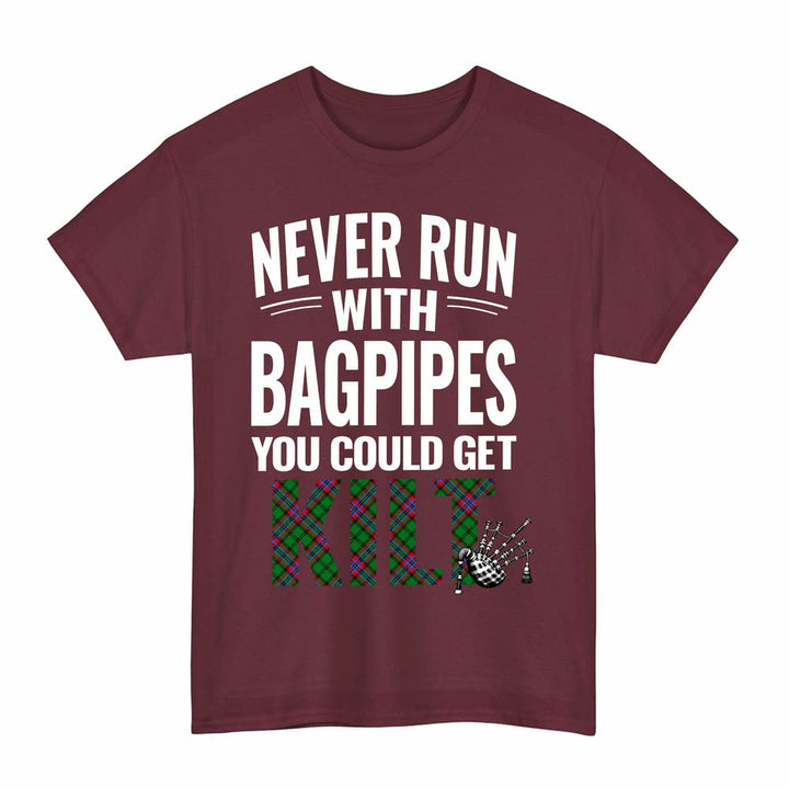 Scottish McGeachie Clan Tartan Never Run With Bagpipes T-Shirt Tartan Plaid Maroon Color