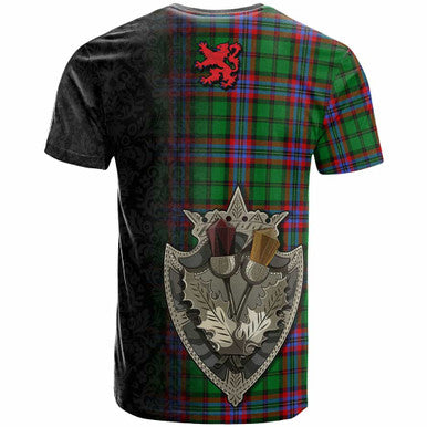 Scottish McGeachie Clan Tartan T-Shirt - Half Thistle Flowers Celtic Design Back Side Tartan Plaid