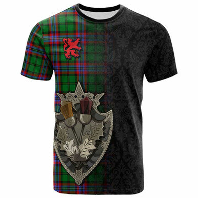 Scottish McGeachie Clan Tartan T-Shirt - Half Thistle Flowers Celtic Design Front Side Tartan Plaid