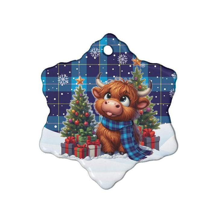 Scottish McKerrell Clan Tartan Ceramic Ornament Cute Highland Cow Christmas Snow Flake Style Tartan Plaid
