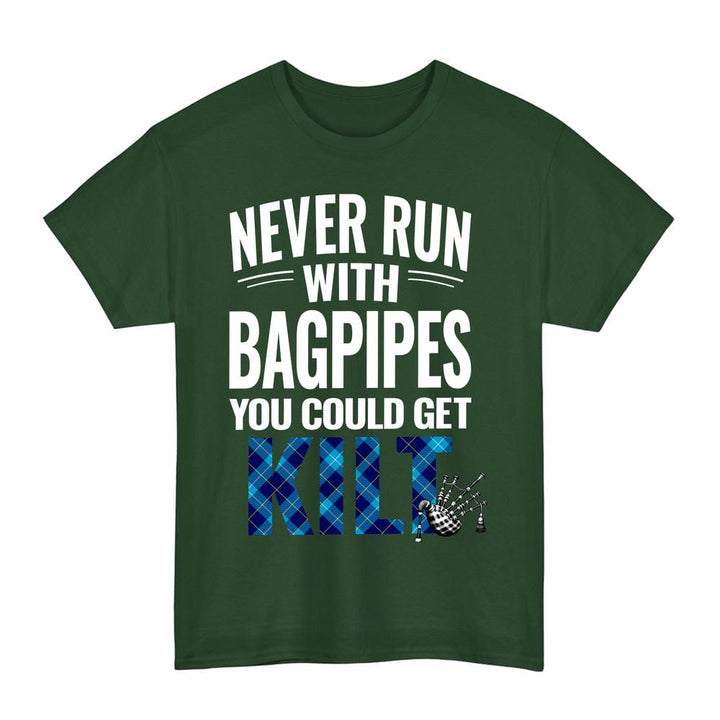 Scottish McKerrell Clan Tartan Never Run With Bagpipes T-Shirt Tartan Plaid Forest Green Color