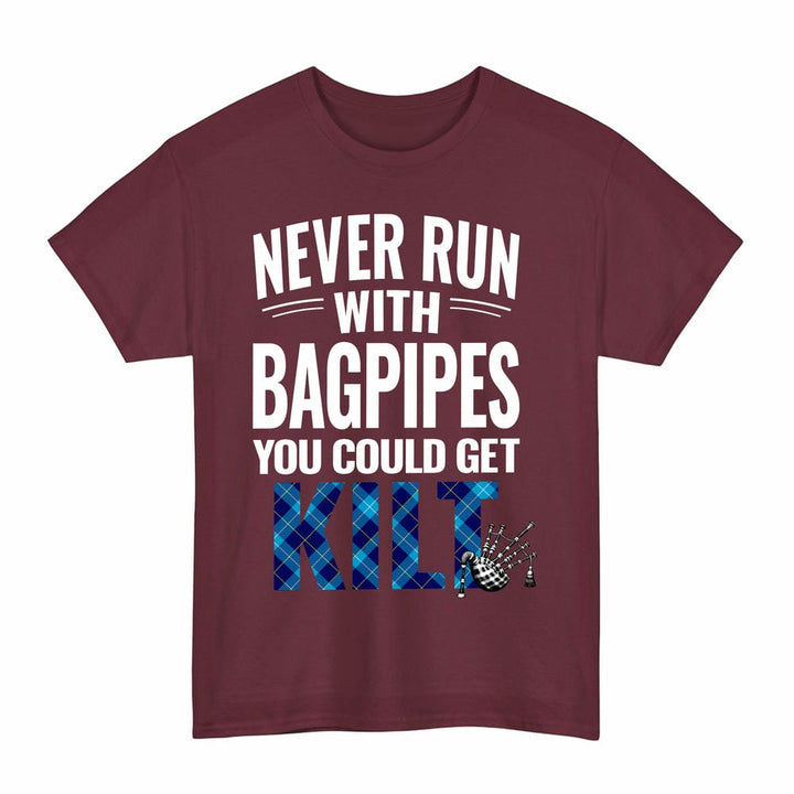 Scottish McKerrell Clan Tartan Never Run With Bagpipes T-Shirt Tartan Plaid Maroon Color
