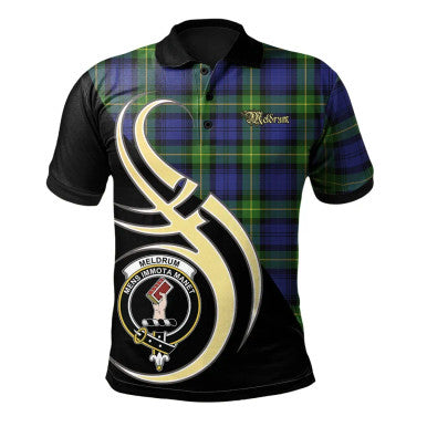 Scottish Meldrum Clan Crest Tartan Polo Shirt Believe in Me Front Side Tartan Plaid
