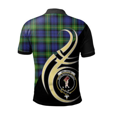 Scottish Meldrum Clan Crest Tartan Polo Shirt Believe in Me Back Side Tartan Plaid