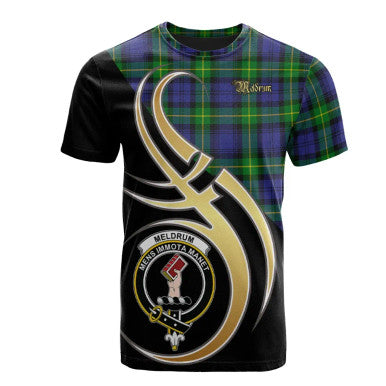 Scottish Meldrum Clan Crest Tartan T-Shirt Believe in Me Front Side Tartan Plaid