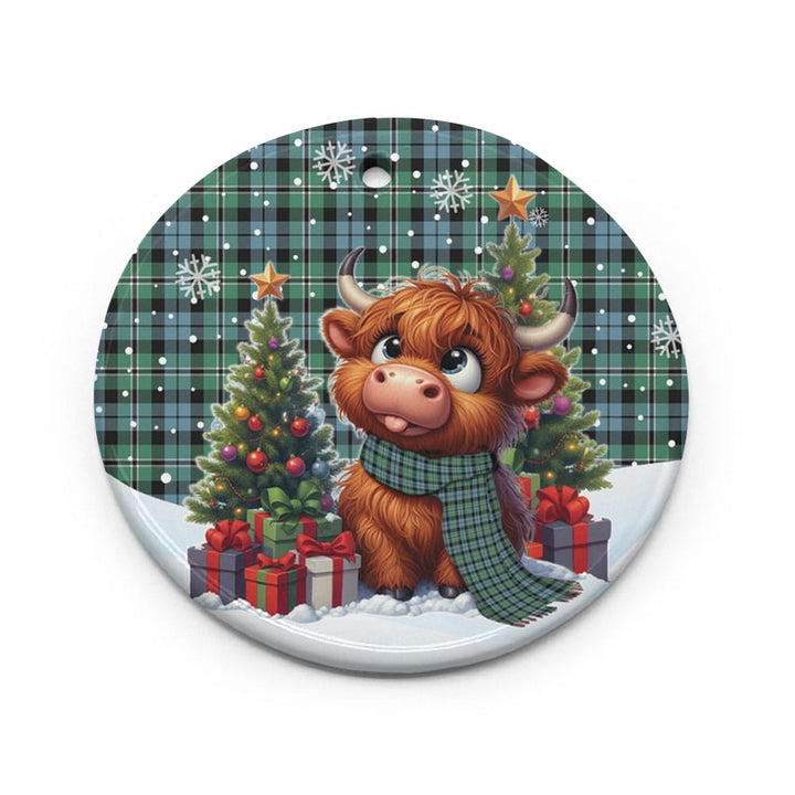 Scottish Melville Clan Tartan Ceramic Ornament Cute Highland Cow Christmas Circle Style Tartan Plaid