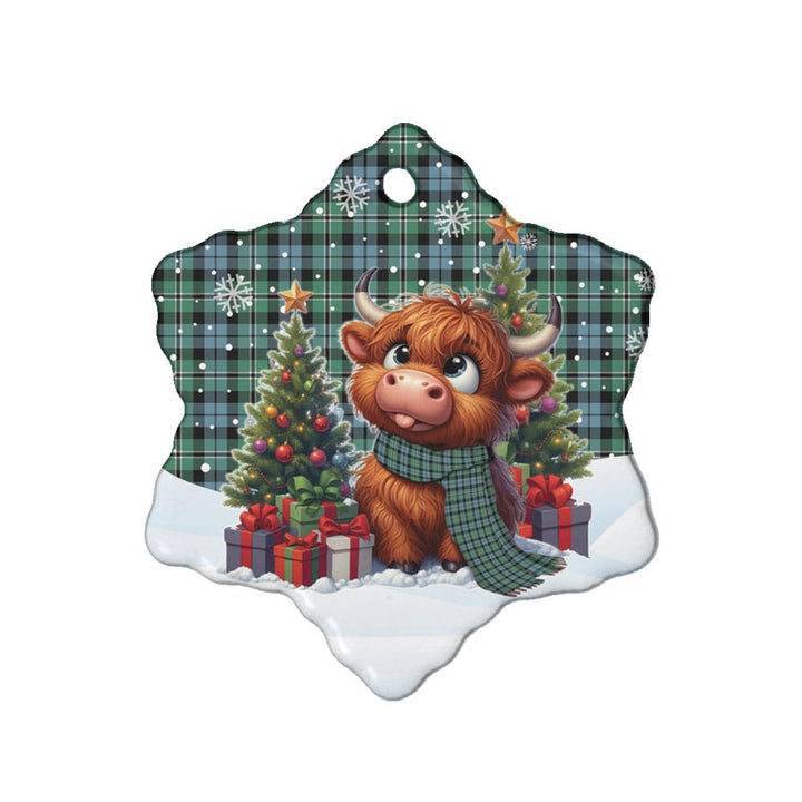 Scottish Melville Clan Tartan Ceramic Ornament Cute Highland Cow Christmas Snow Flake Style Tartan Plaid