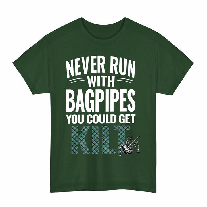 Scottish Melville Clan Tartan Never Run With Bagpipes T-Shirt Tartan Plaid Forest Green Color