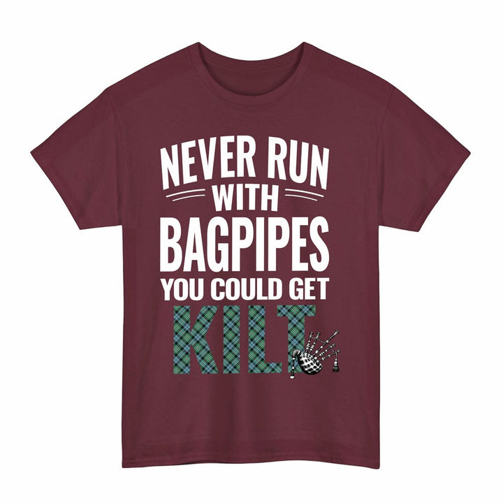 Scottish Melville Clan Tartan Never Run With Bagpipes T-Shirt Tartan Plaid Maroon Color