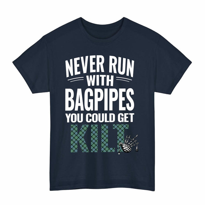 Scottish Melville Clan Tartan Never Run With Bagpipes T-Shirt Tartan Plaid Navy Color