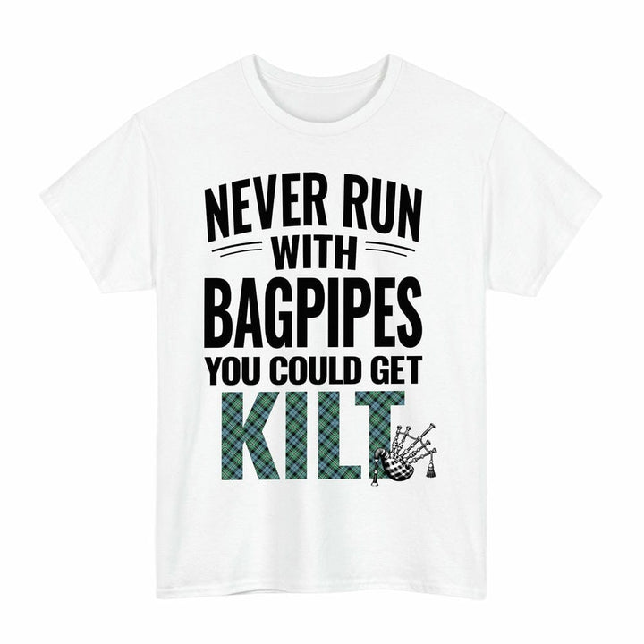 Scottish Melville Clan Tartan Never Run With Bagpipes T-Shirt Tartan Plaid White Color