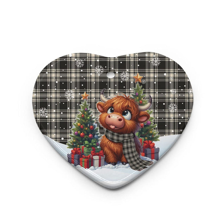 Scottish Menzies Black & White Ancient Clan Tartan Ceramic Ornament Cute Highland Cow Christmas Heart Style Tartan Plaid
